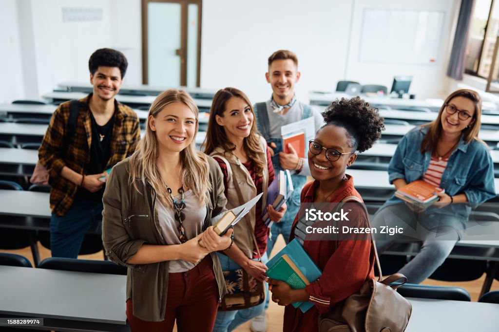 Group of college students studying